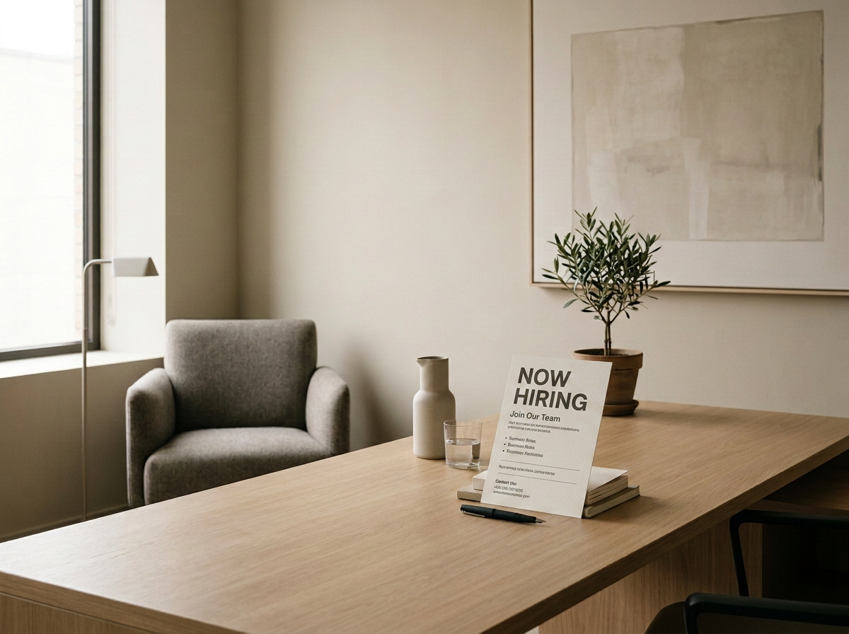 Office space with a wooden desk, a gray armchair near a window, a potted plant, and a "Now Hiring" sign on the desk.