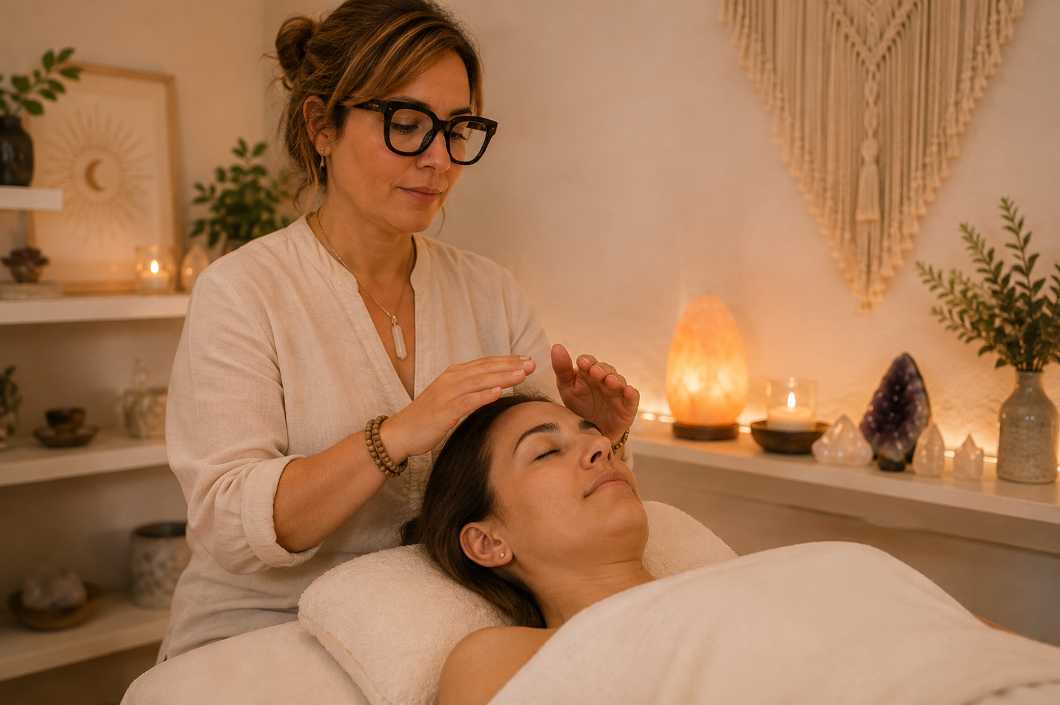 A woman receiving reiki from a practitioner in a cozy spa room with warm lighting, candles, plants, and decorative crystals.