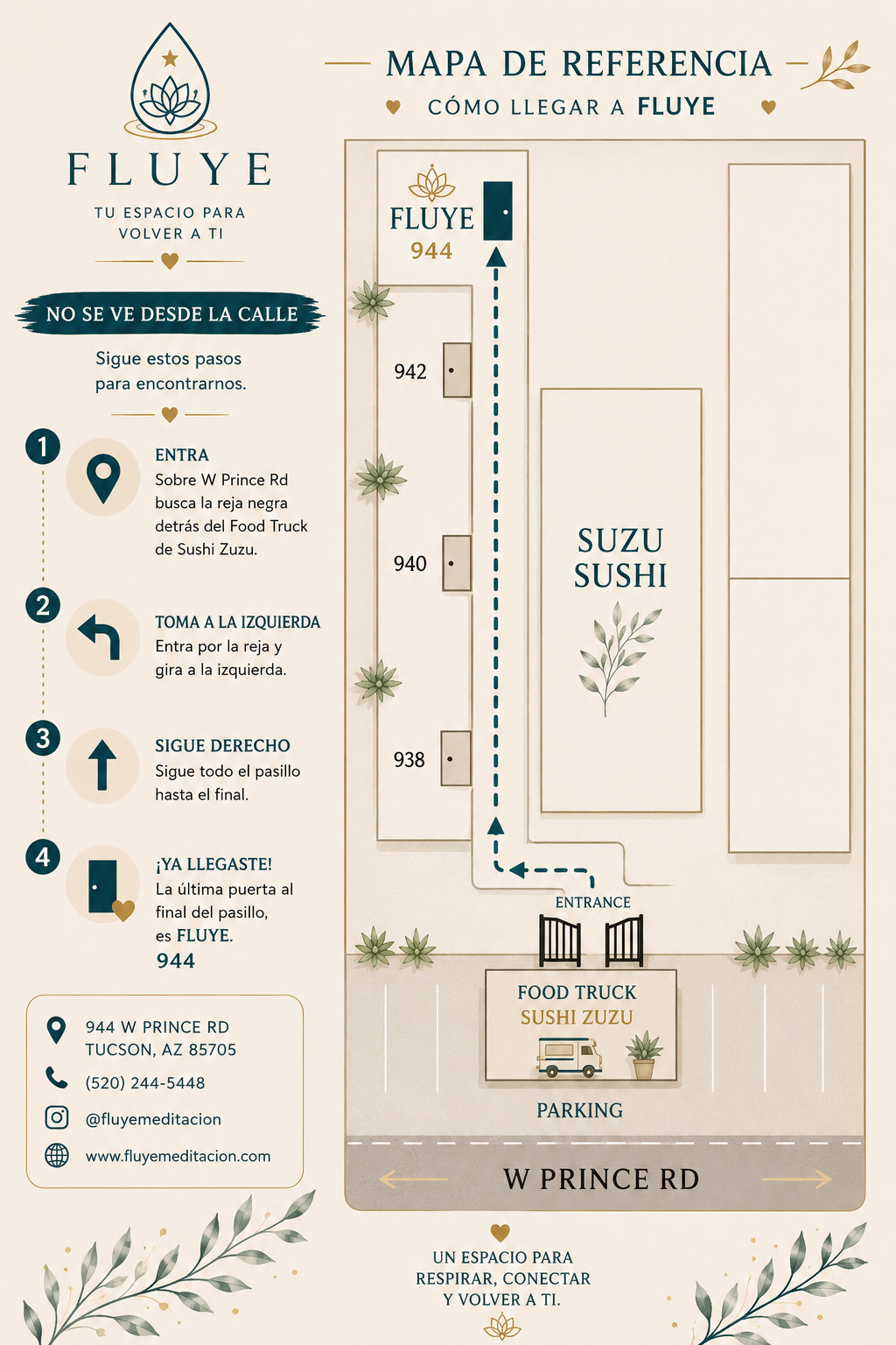 Map of Fluye meditation space with directions to Suzuki Sushi, including entrance location, parking, and contact information, decorated with leaves and spiritual symbols.