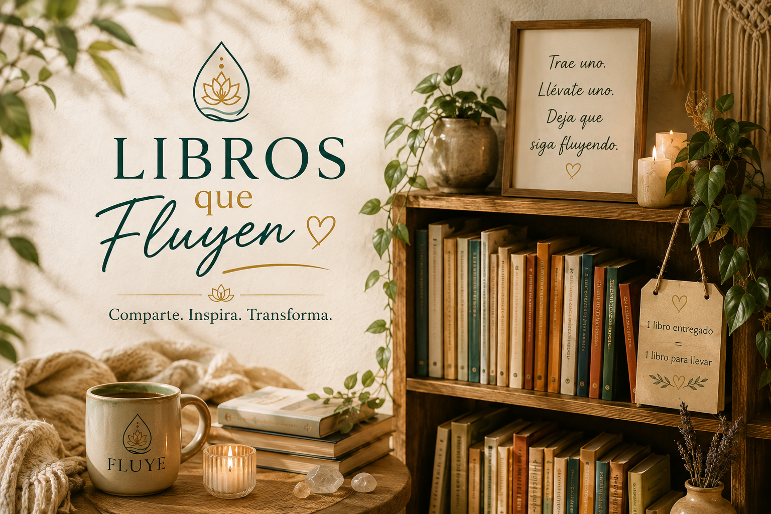 A cozy wooden shelf filled with books and decorative plants, candles, and framed quotes, with a poster on the wall that reads 'Libros que Fluyen' and an inspirational message.