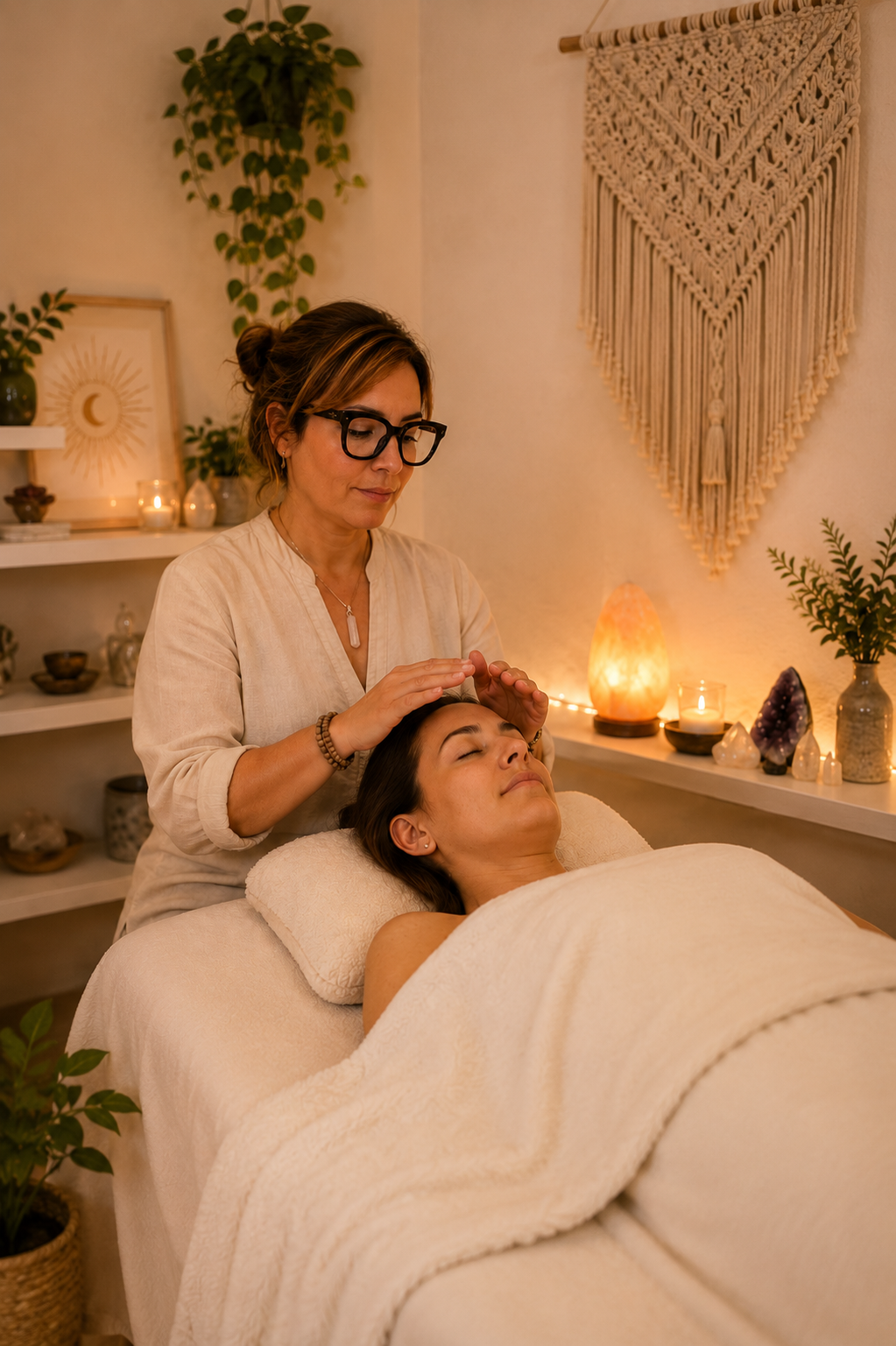A woman receiving reiki from a practitioner in a cozy, softly lit room decorated with plants, candles, and spiritual decor.