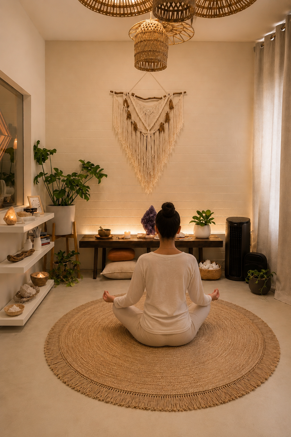 A woman practicing yoga or meditation in a cozy, minimalist room with plants, candles, and decorative items, sitting on a round woven rug with her back to the camera.