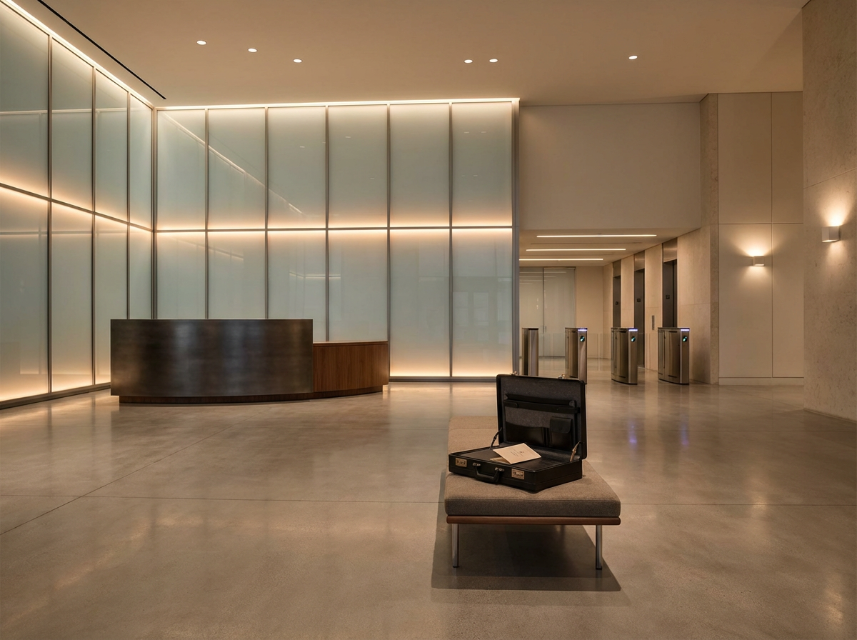 Modern lobby of hotel or office building with reception desk, glass wall panels with lighting, and a bench with an open briefcase containing papers in the foreground.
