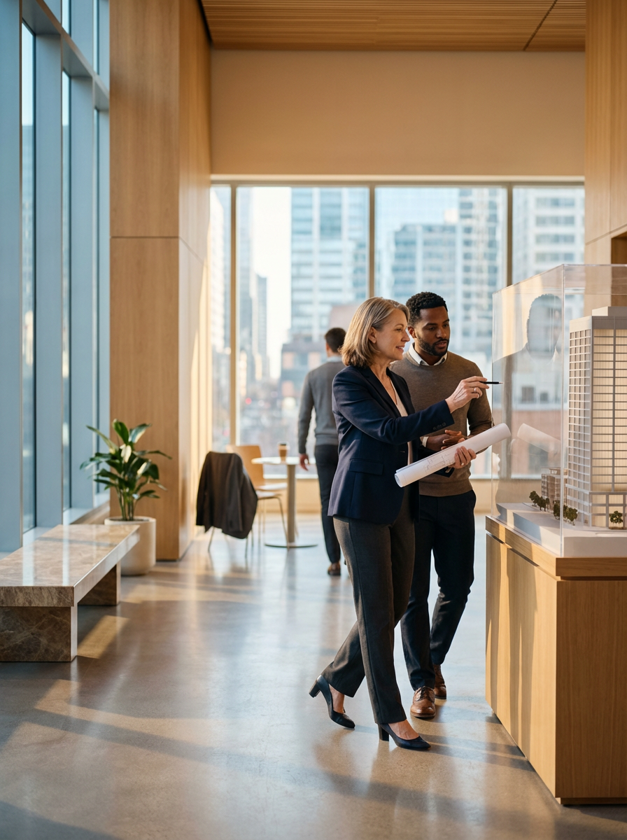 Two professionals, a woman and a man, reviewing an architectural model or blueprint in a modern office with large windows showing a cityscape. The woman is pointing at the model with a pen, holding rolled-up plans, while the man watches. In the background, another person is walking past a table with a coffee cup, and a coat hangs on a chair.