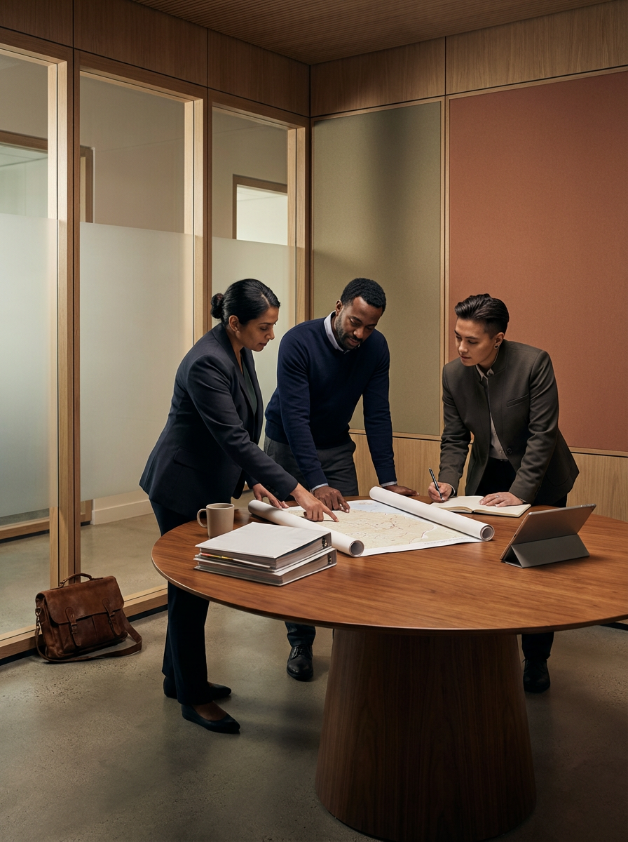 Three business professionals, two women and one man, are gathered around a round wooden table reviewing a large blueprint or map in an office conference room.