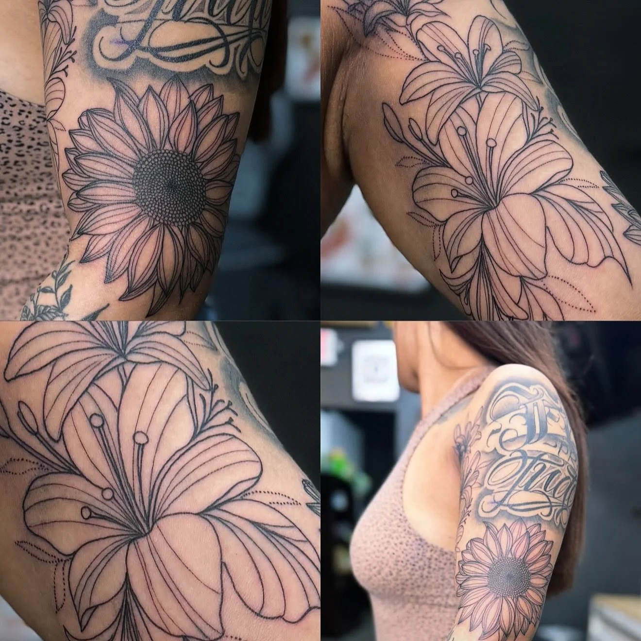 A woman with multiple tattoos, including a large sunflower on her forearm and jasmine flowers on her upper arm, displayed from various angles.