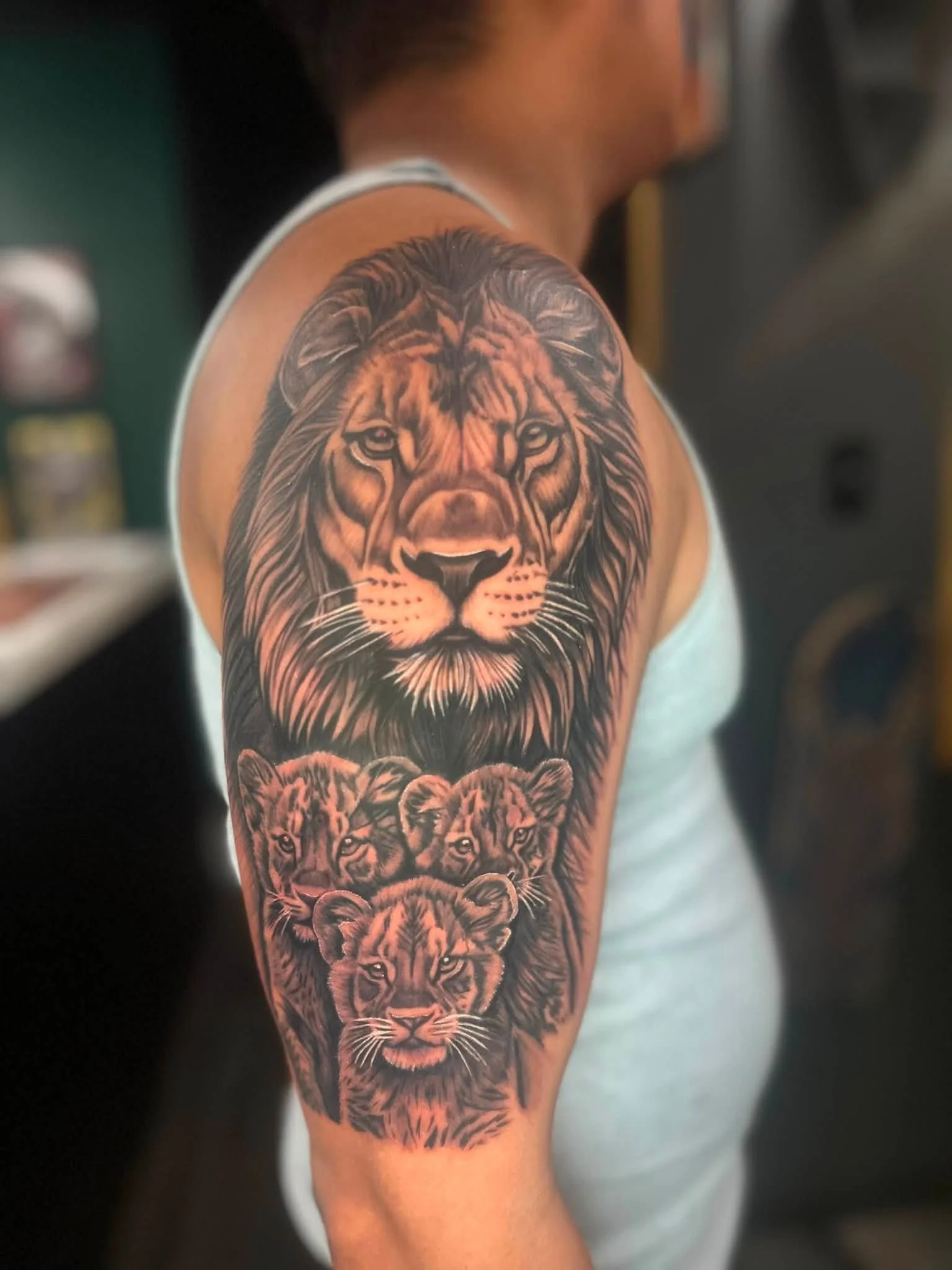 Close-up of a person's upper arm with a detailed black and gray tattoo of a lion's face above two baby lion cubs.