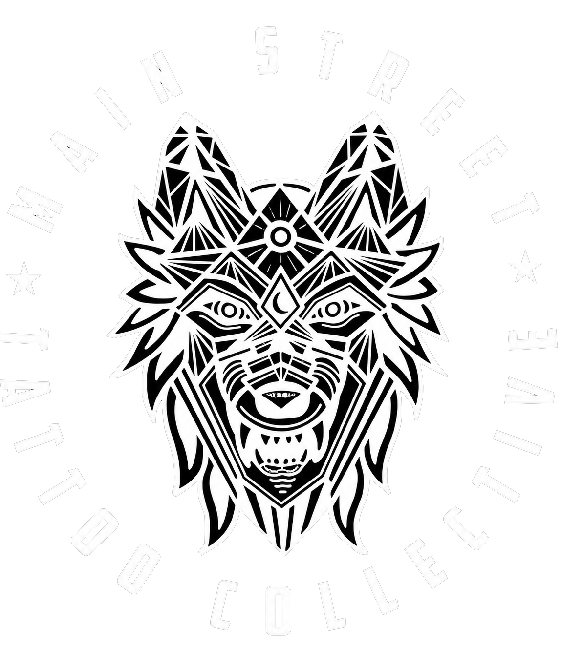 A black and white graphic design of a wolf's face with geometric patterns, surrounded by the text 'Maine Street Tattoo Collective' in a circular arrangement.