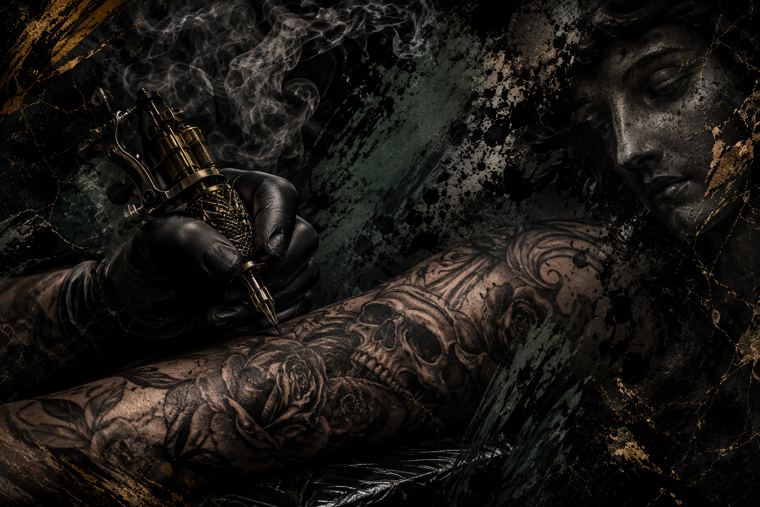 A tattoo artist wearing black gloves is tattooing a skull and rose design on a person's arm; a woman's face is visible in the background.