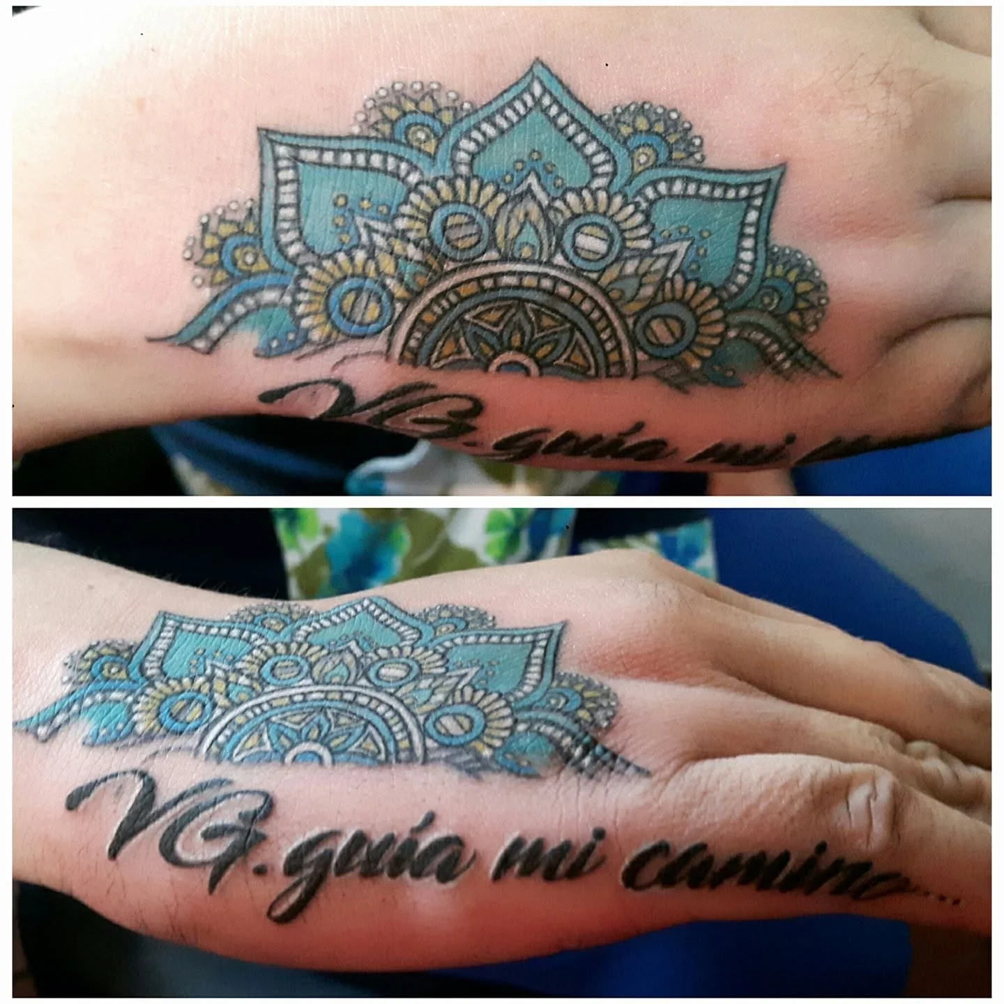 Tattoo of a blue and gold mandala pattern on a person's arm with the words 'Tg. Güalo mi Cam' written below it.