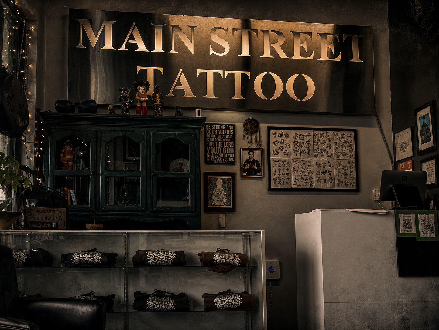 Interior of a tattoo studio with a large illuminated sign that reads 'Main Street Tattoo.' The space features framed artwork, collectibles on a shelf, and a display case with tattoo shirts or fabric. There is a computer at the reception desk, framed pictures on the wall, and decorative string lights on the left side.