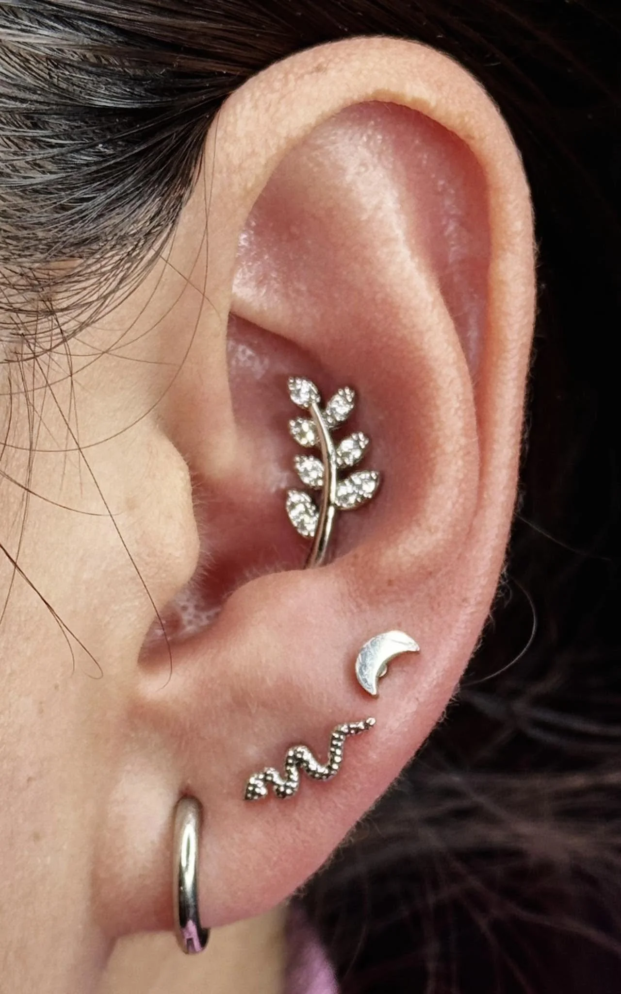 Close-up of a person's ear adorned with multiple silver earrings, including a leaf-shaped earring with embedded stones, a crescent moon, and a snake design.
