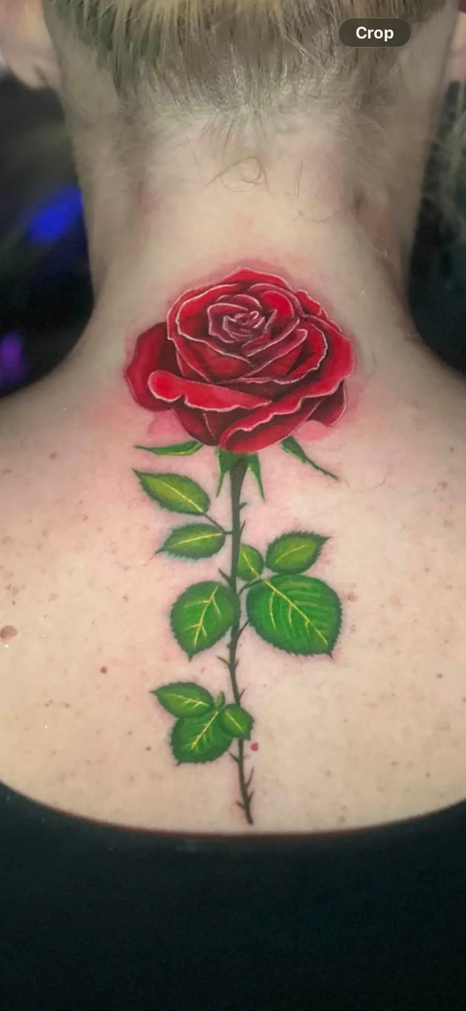 Tattoo of a red rose with green leaves on person's chest.