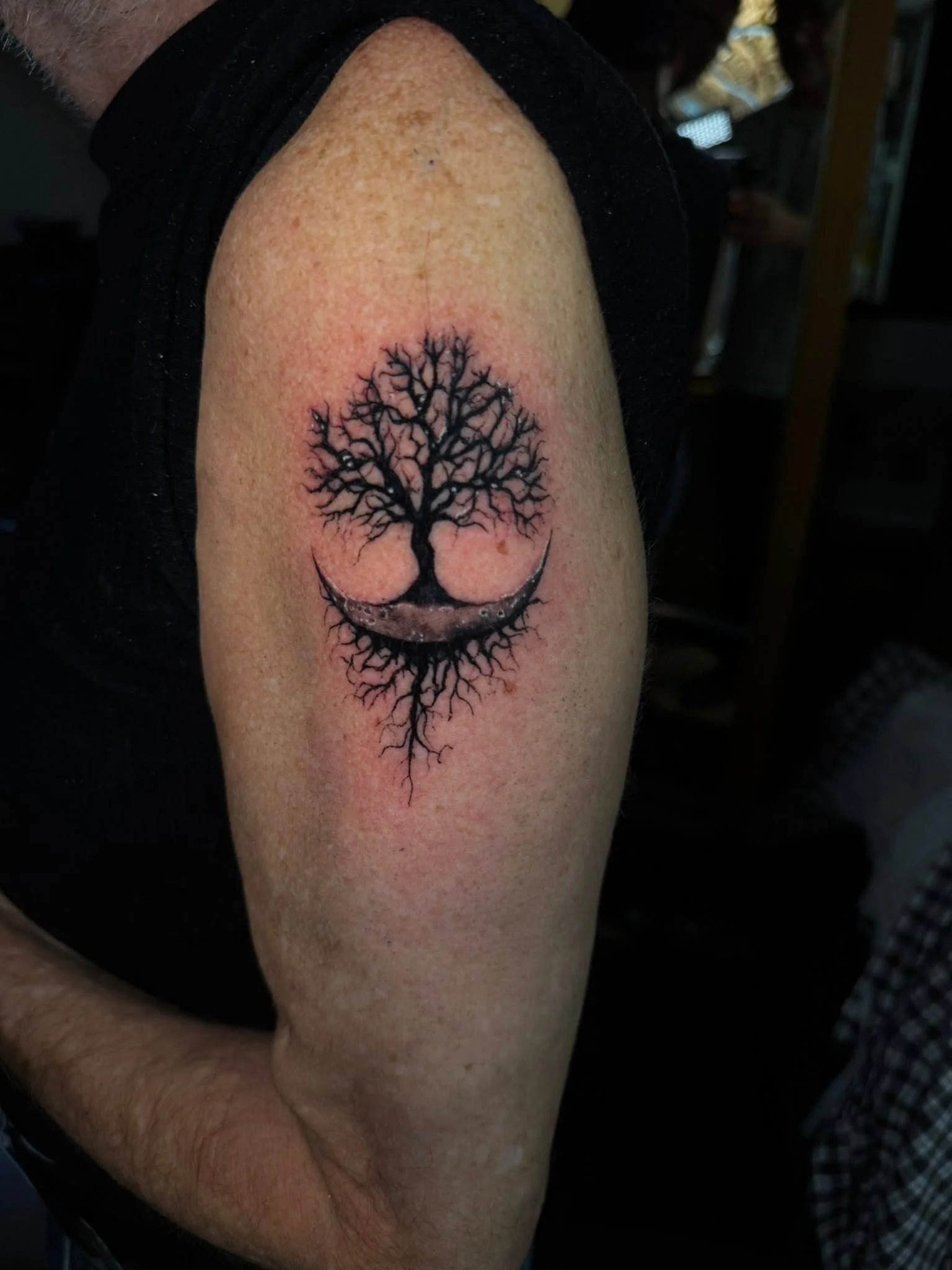A tattoo of a leafless tree in black ink on a person's upper arm.