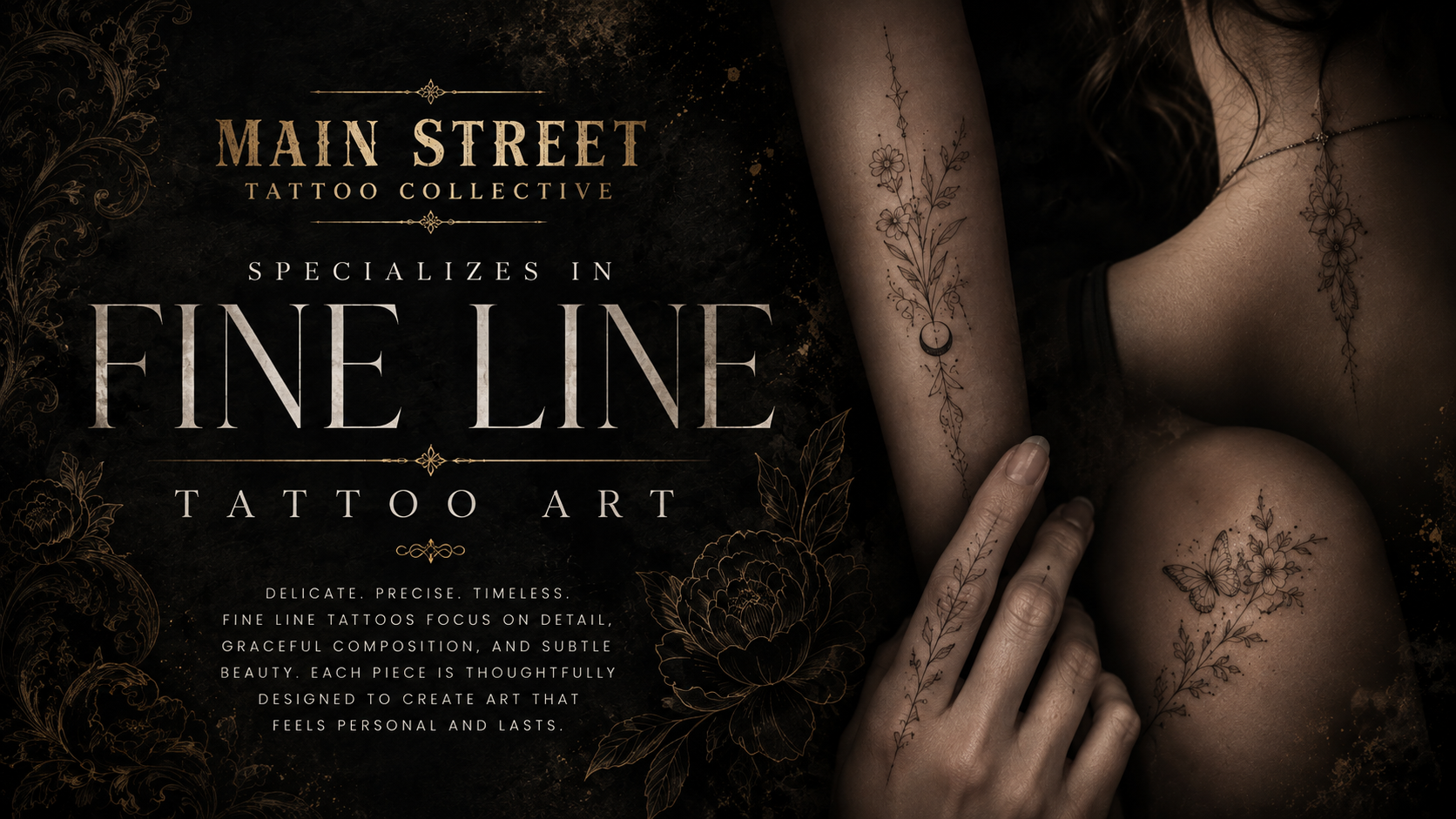 Advertisement for Main Street Tattoo Collective highlighting their focus on fine line tattoo art, with a dark background and floral-themed tattoos on a person's arm and shoulder.