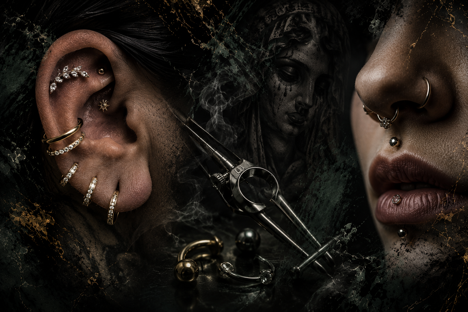 Close-up of two women with piercings and jewelry, smoking a gun, with a dark, gritty background featuring a statue of a sad woman and scattered jewelry and bullets.