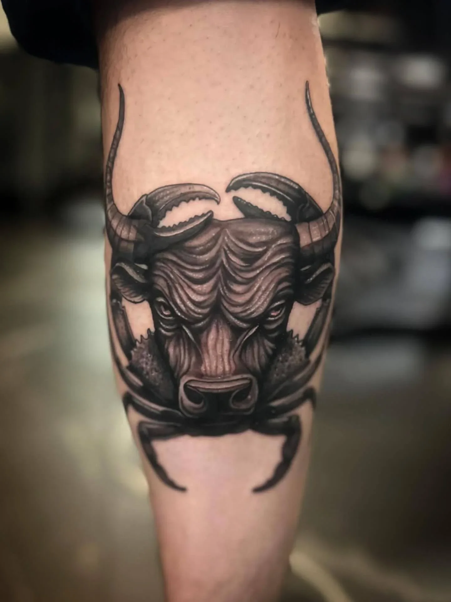 Tattoo of a bear's face on person's arm, rendered in black ink in traditional style.