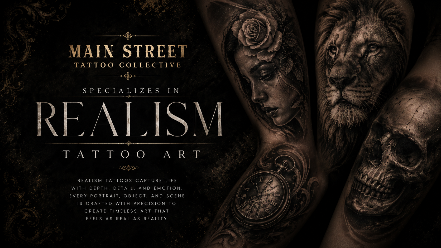 Advertisement for Main Street Tattoo Collective showcasing realism tattoo art, including a detailed portrait of a woman with roses and a clock, a lion's face, and a skull.