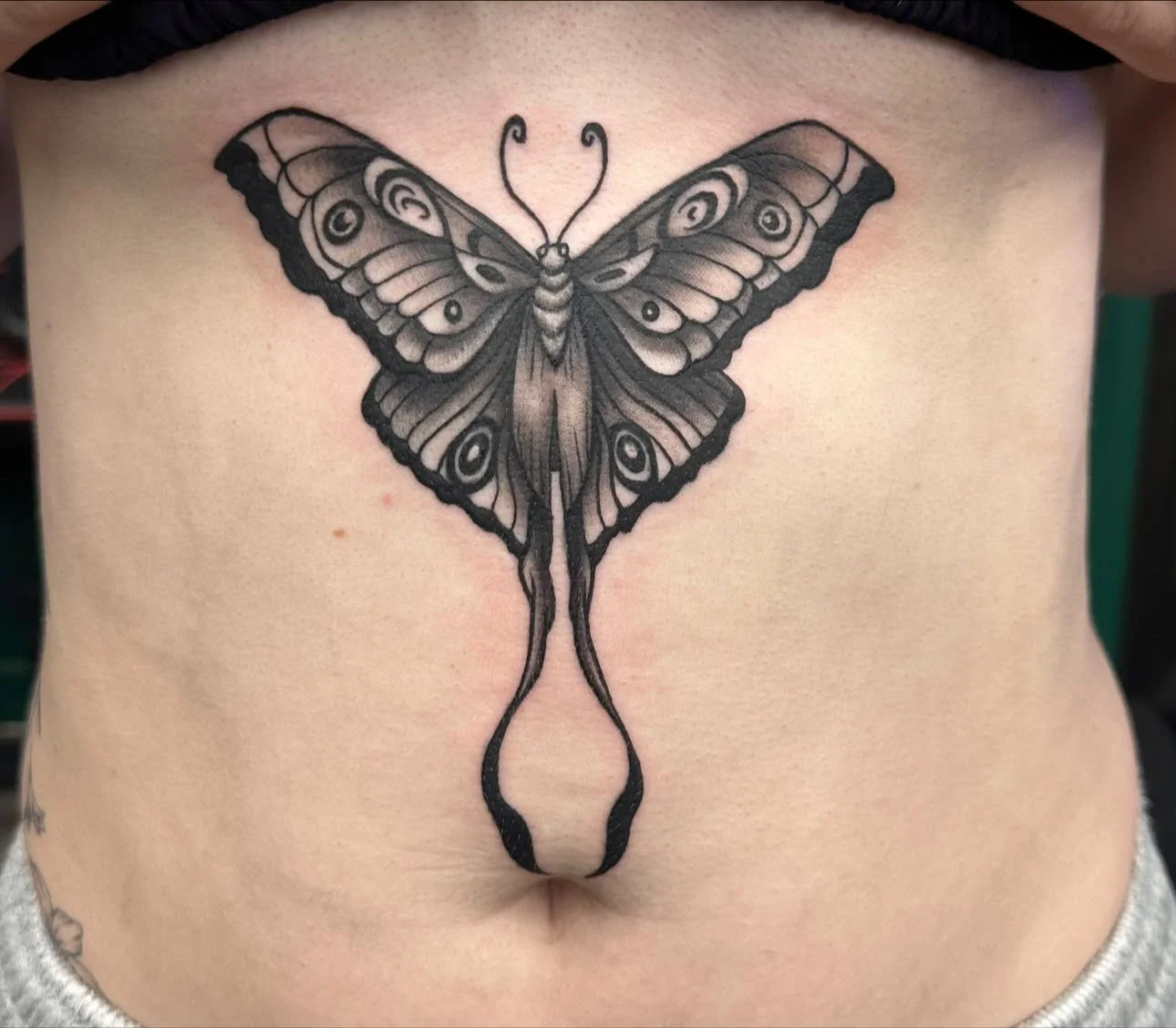 Black and gray butterfly tattoo on person's lower stomach.