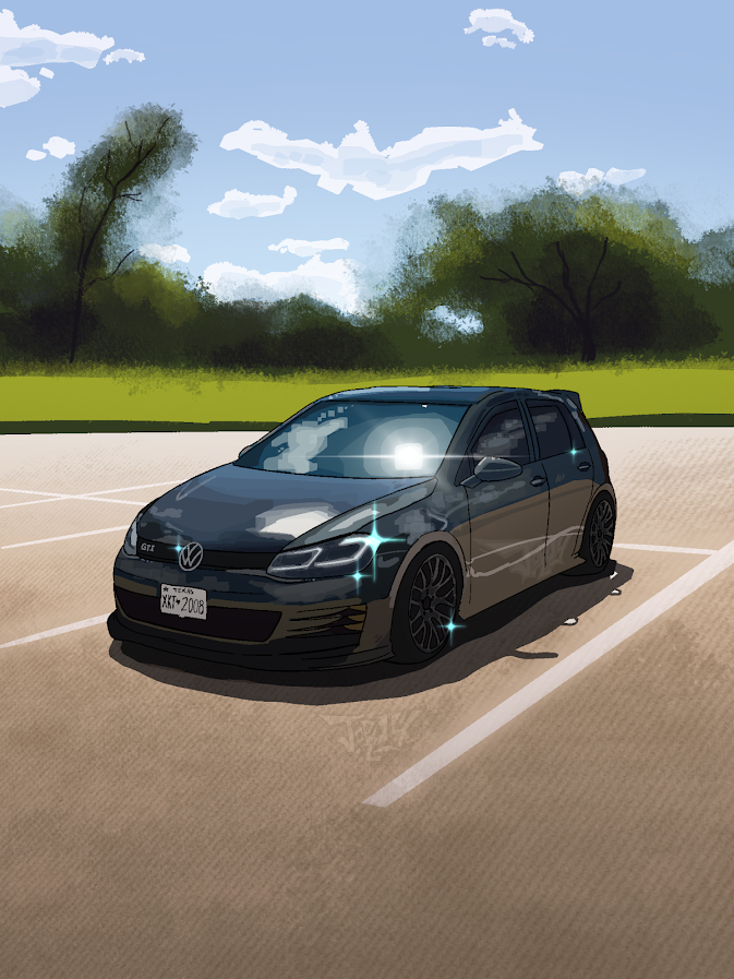 A dark grey Volkswagen GTI car parked in an empty parking lot with trees and a partly cloudy sky in the background.