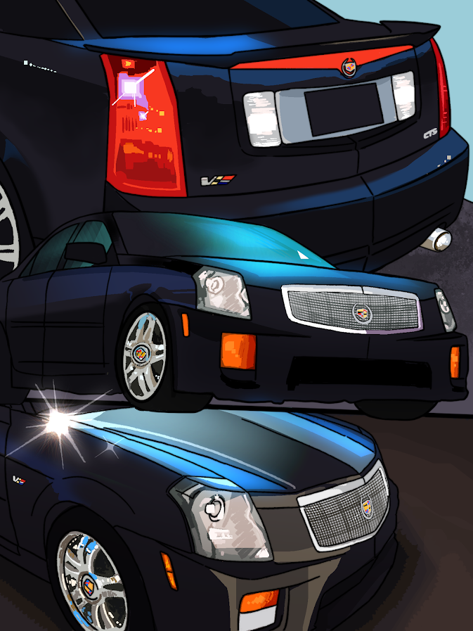 black Cadillac cts v is parked in a row, with the front car prominently showing its grille and headlights, and the rear car displaying its taillights and emblem. The cars have shiny, reflective surfaces and are set against a dark background.