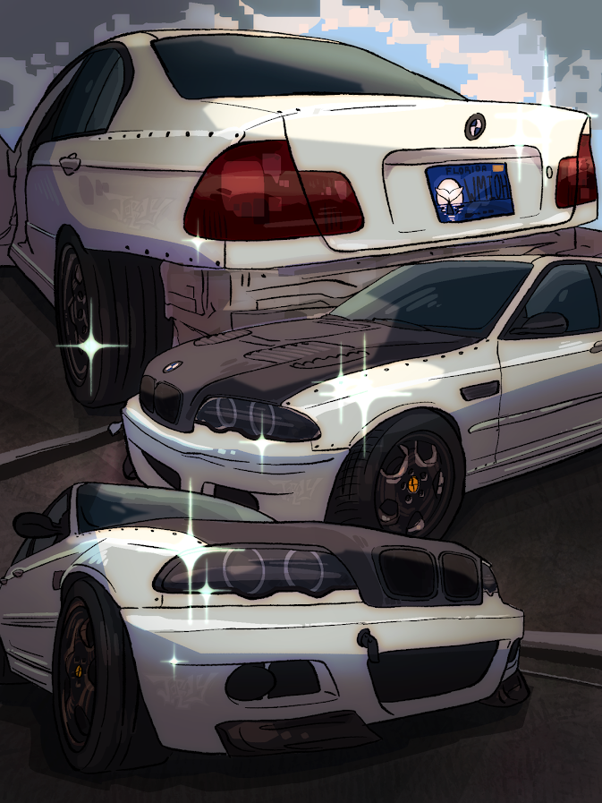 A digitally drawn image of three white bmw parked on a street, with a cartoon-like appearance and reflections of light, one of which has a Florida license plate
