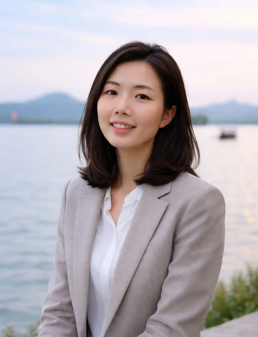 A woman in a light gray blazer and white shirt posing outdoors by a body of water with mountains in the background.