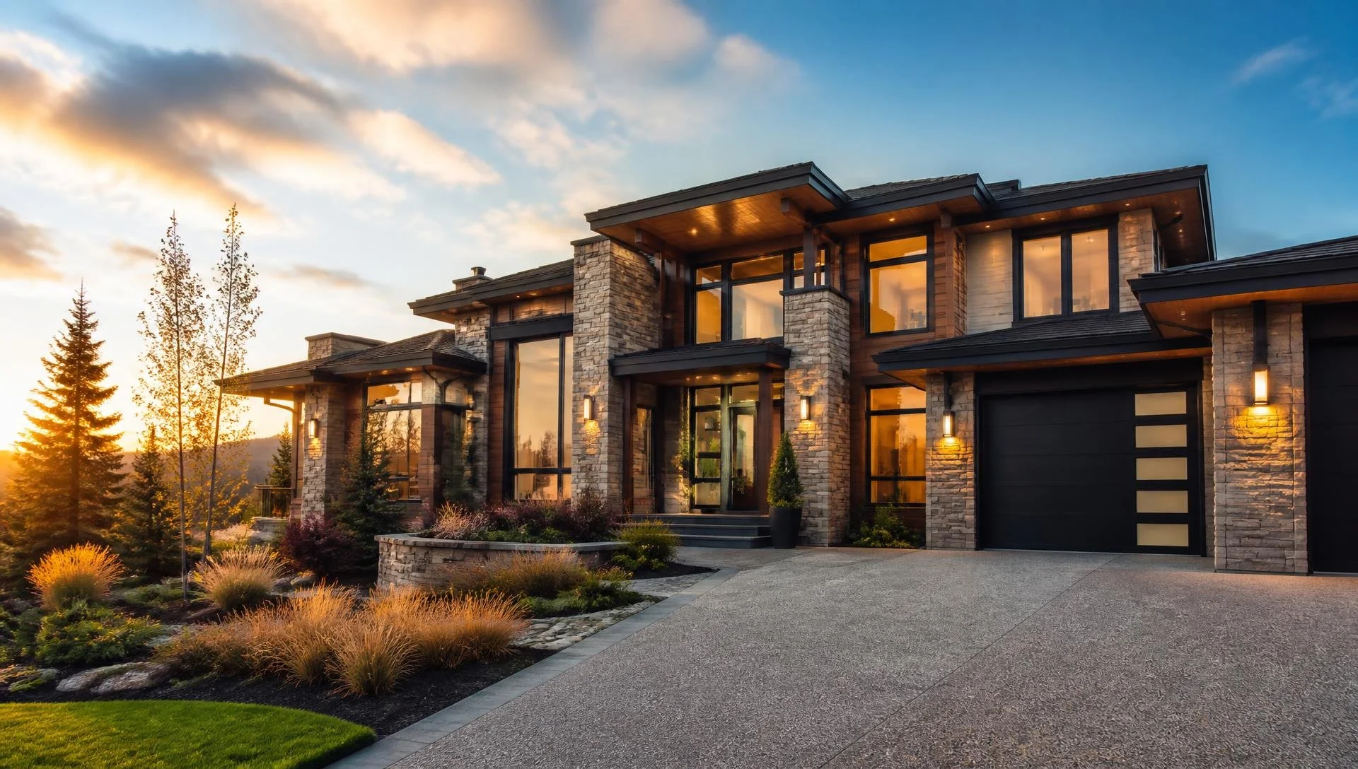 Modern house with stone and wood exterior, large windows, and a black garage door, lit by warm exterior lights at sunset, with landscaped garden and trees nearby.