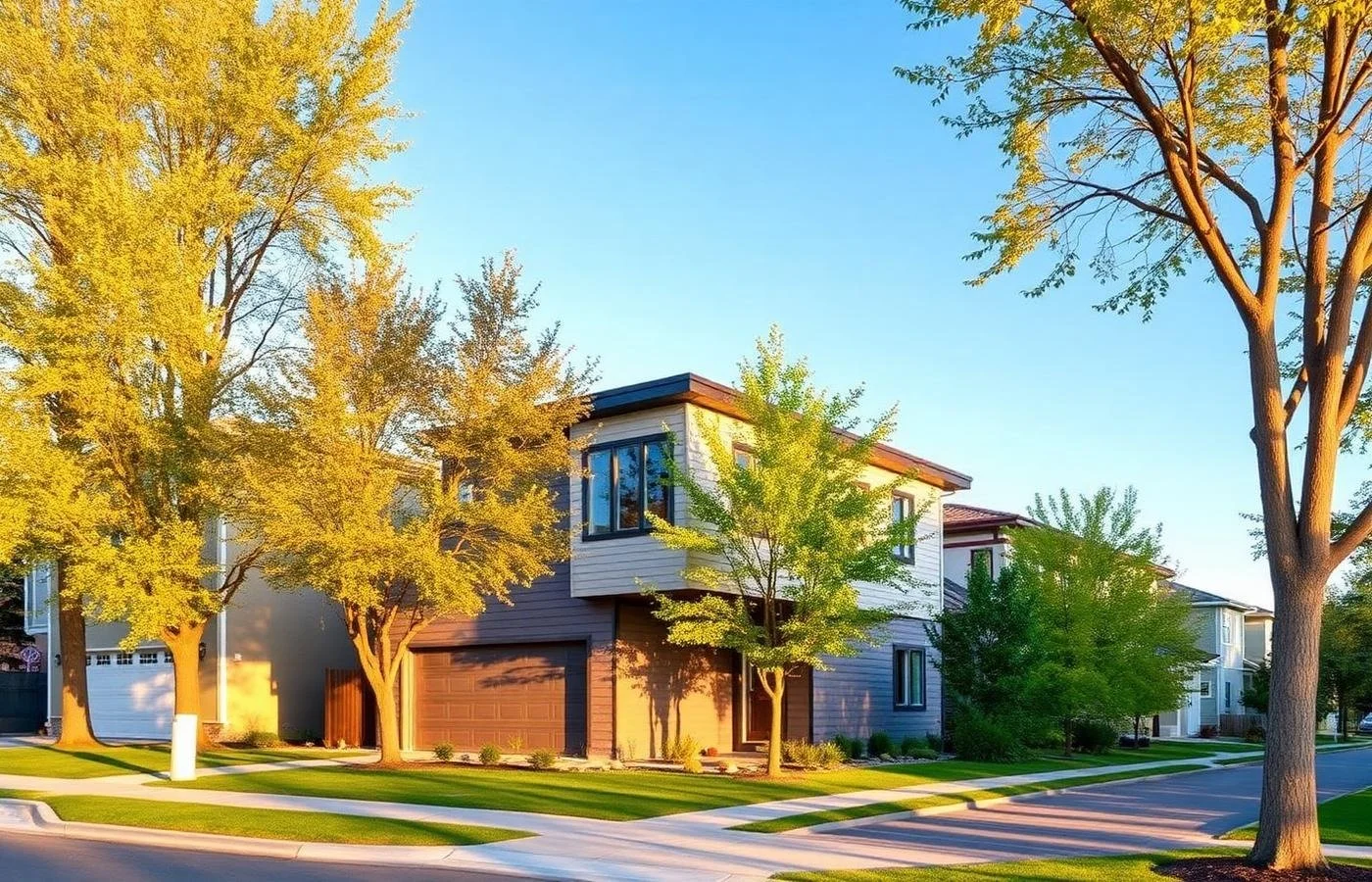 A modern multi-level house with a garage, surrounded by green trees, on a sunny street.