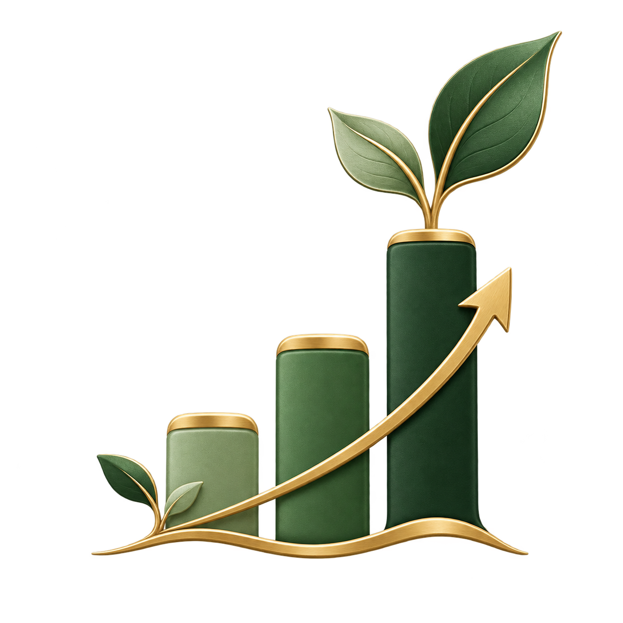 A graphic of four green bars of varying heights with gold outlines, increasing from left to right. A gold arrow curves upward through the bars. A gold vine with green leaves extends from the left bottom, wrapping around the shortest bar and growing upward into the largest bar, topped with two leaves.