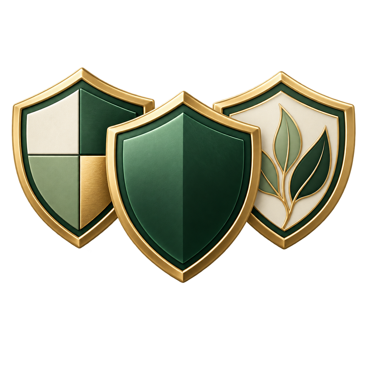 Three shield icons with gold outlines; one featuring a leaf design, another a plain green shield, and the third a quartered pattern of green, white, and gold.