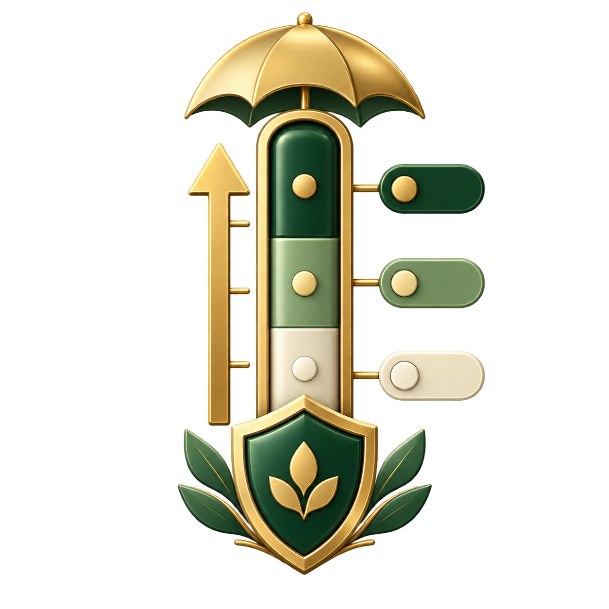 A stylized digital illustration of a green and gold shield with a leaf design, an umbrella, and a vertical bar with four colored sliders, representing protection and environmental themes.