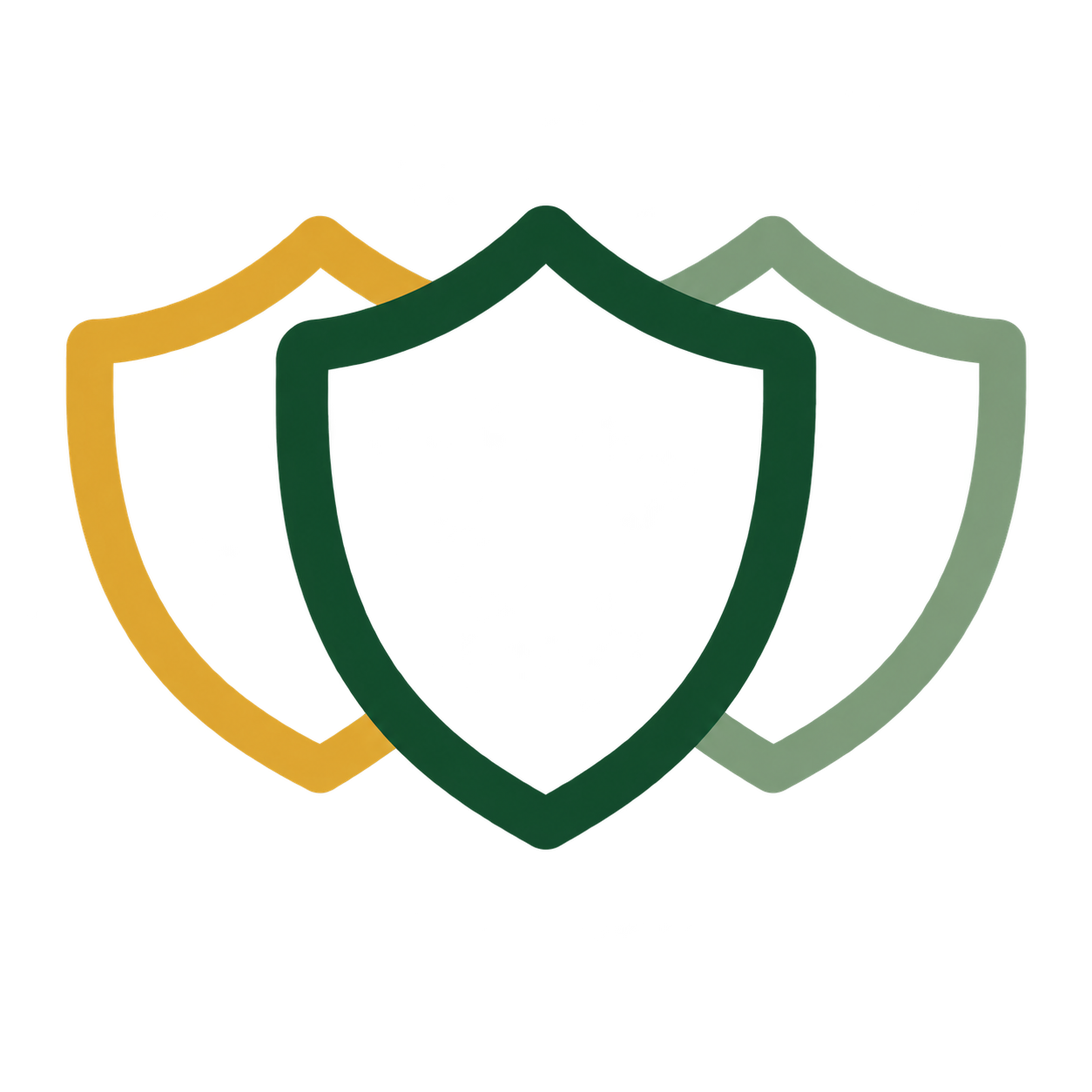 Three overlapping shield icons in yellow, green, and gray, symbolizing security or protection.