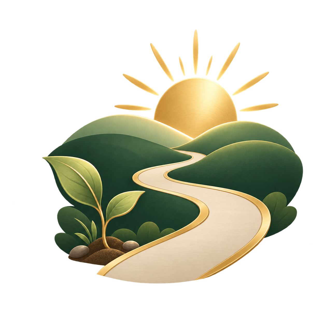 Illustration of a sunrise over green hills with a winding path, a small plant with two leaves in the foreground, and a bright sun with rays behind the hills.