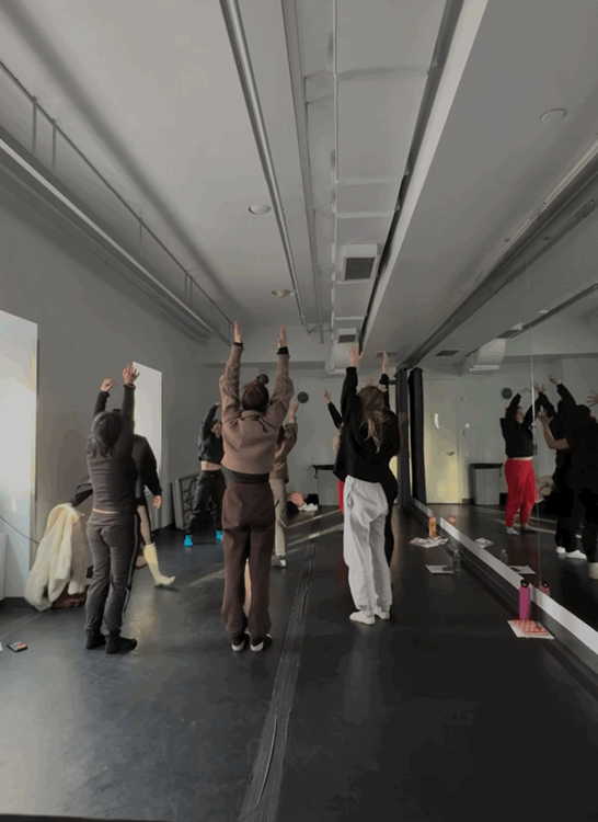 Group of women practicing Joyflow in a dance studio with mirrored wall.