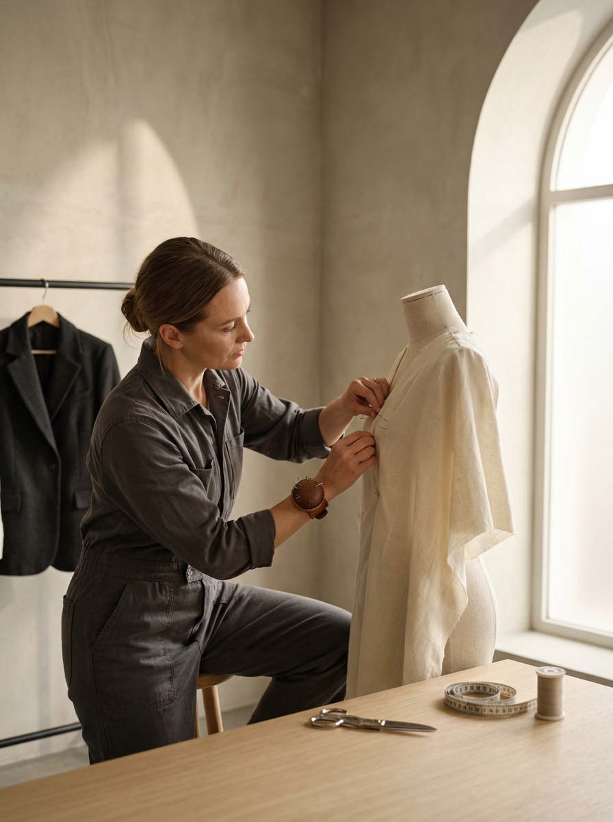A woman sewing or tailoring a cream-colored dress on a dress form in a well-lit room with a large window. There are sewing tools and materials on the table in front of her, including scissors, a measuring tape, a spool of thread, and a pin cushion.