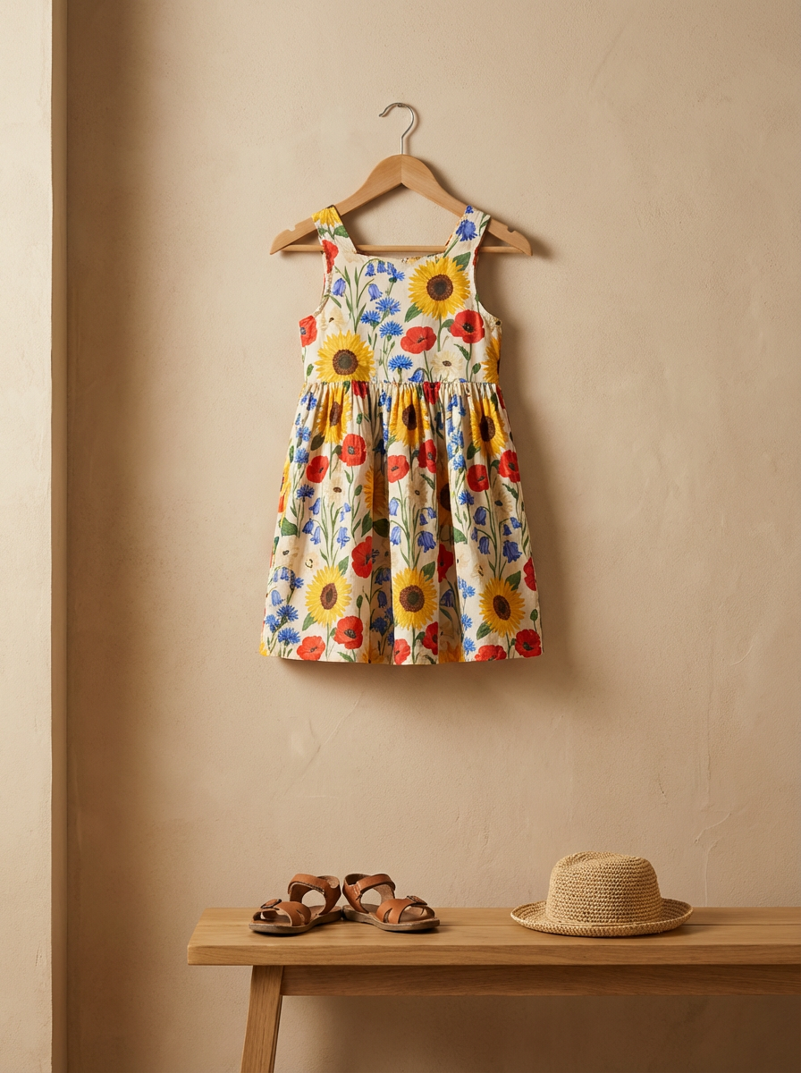 A floral dress with sunflower, poppy, and blue flowers hanging on a wooden hanger on a beige wall, with a pair of brown sandals and a straw hat placed on a wooden table below.