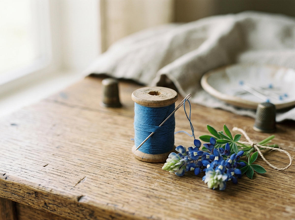 A spool of blue thread with a sewing needle, a small bunch of blue and white flowers, and a textured thimble on a rustic wooden table.