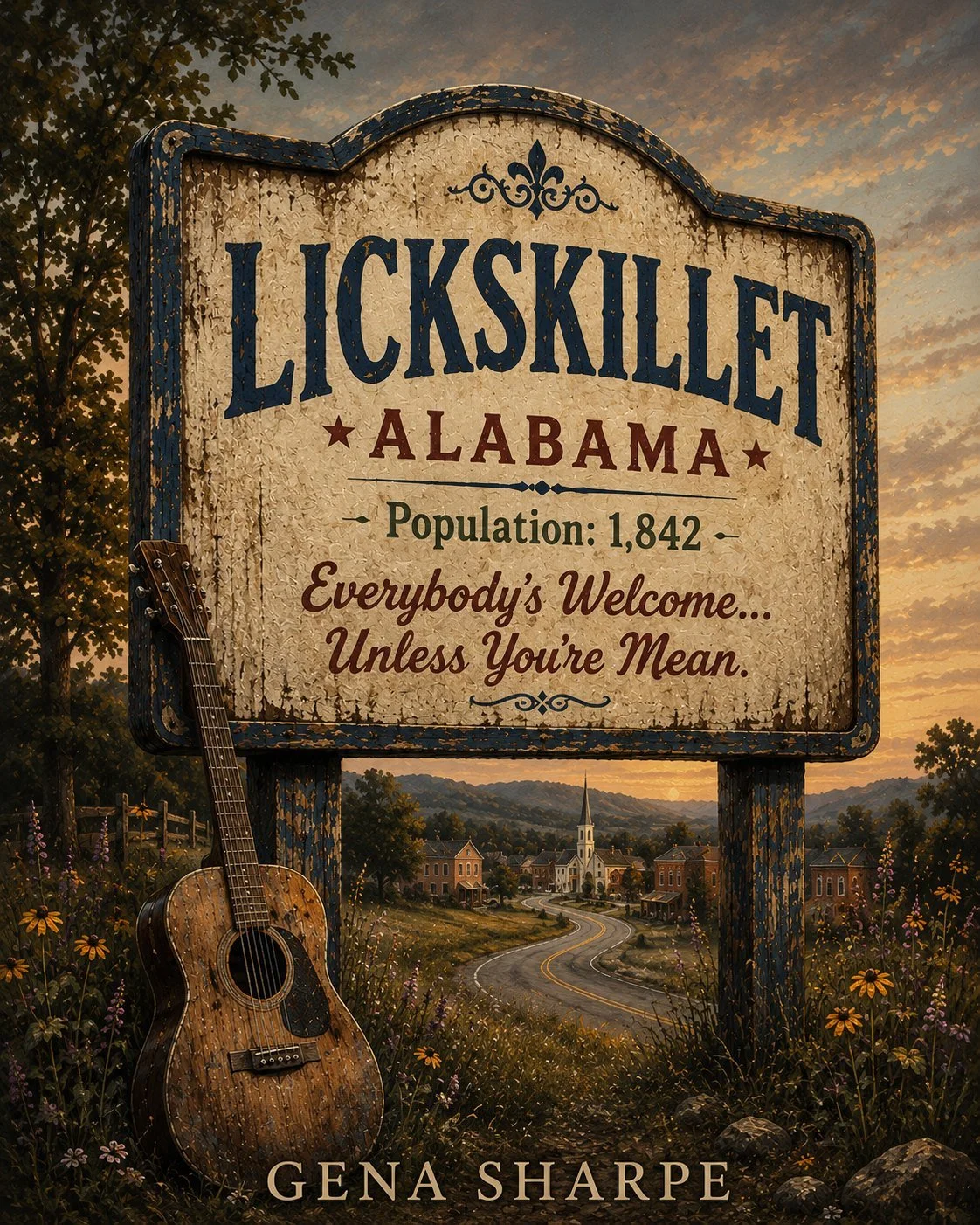 Book cover of Lickskillet by Gena Sharpe, featuring a weathered Lickskillet, Alabama sign, acoustic guitar, winding road, and small town at sunset.
