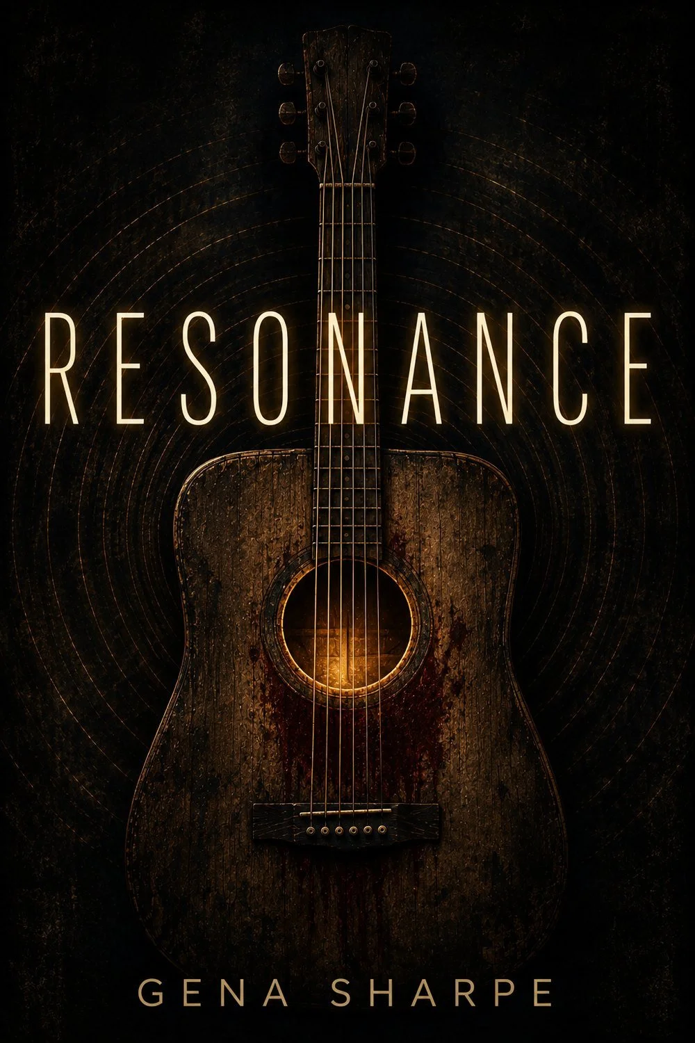Book cover of Resonance by Gena Sharpe, featuring a weathered acoustic guitar surrounded by circular sound waves.