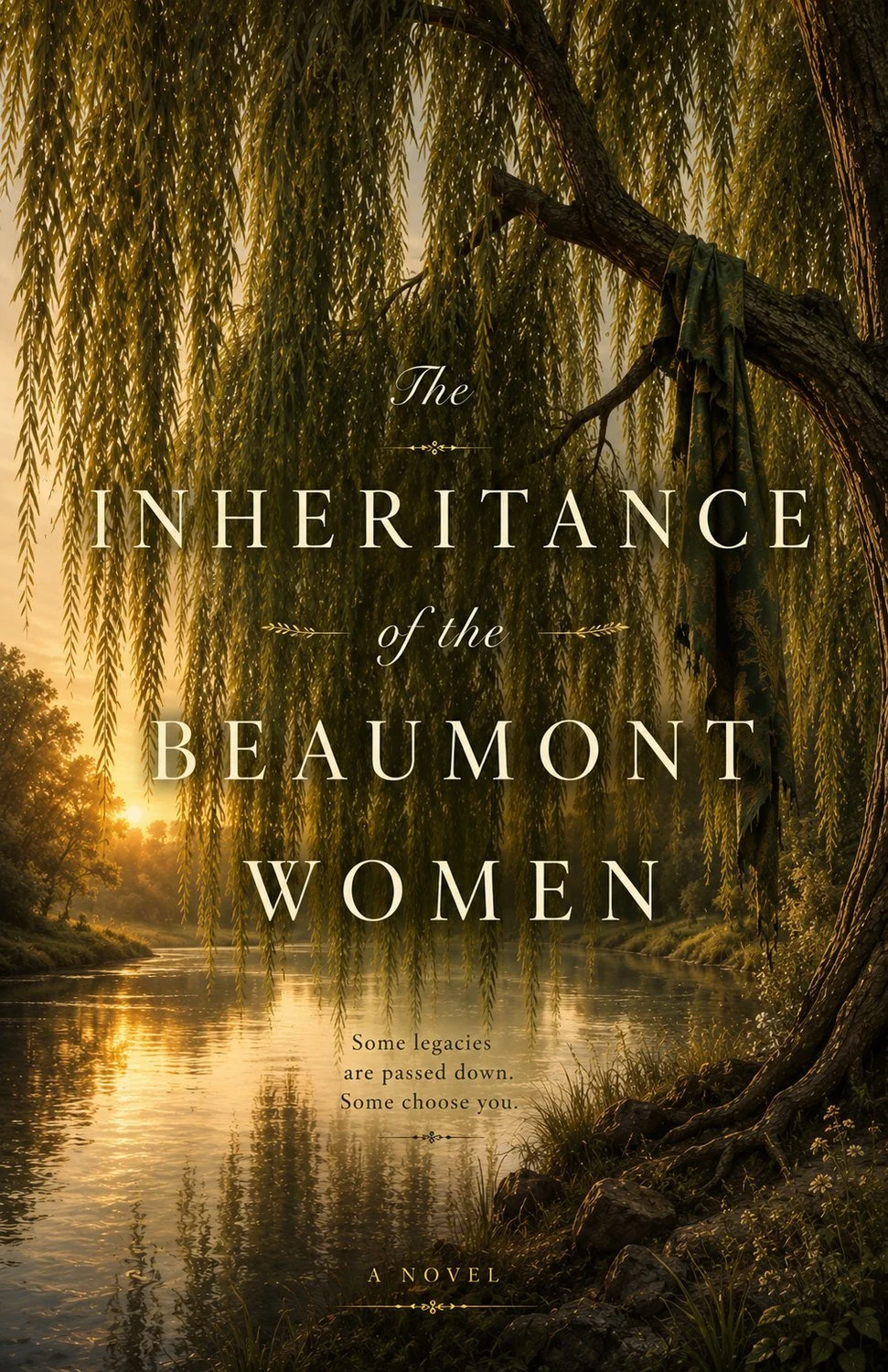 Book cover of The Inheritance of the Beaumont Women by Gena Sharpe, featuring a willow tree overlooking a river at sunset.