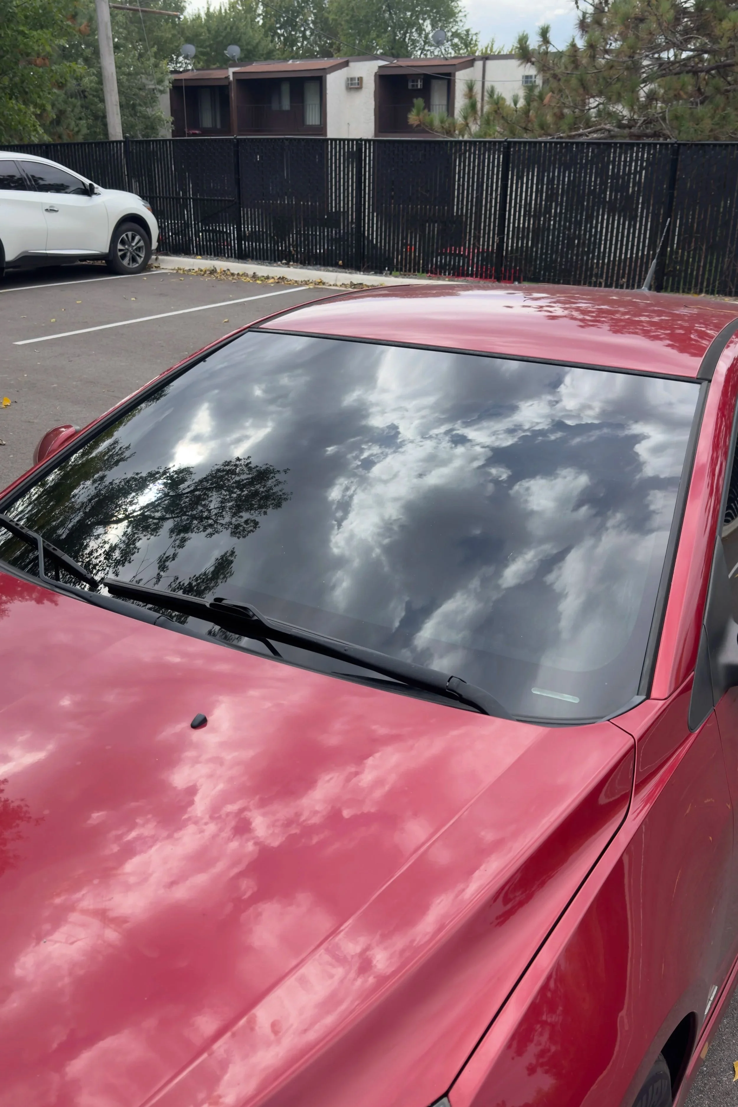 Red Chevrolet Malibu showing its tinted front windshield