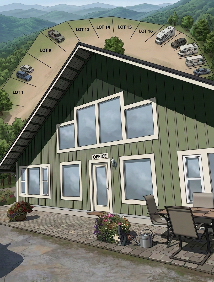 A green building with an office sign, outdoor patio with chairs, table, and potted flowers. In the background, a parking lot on a hill with numbered lots and parked cars, surrounded by trees and mountains.