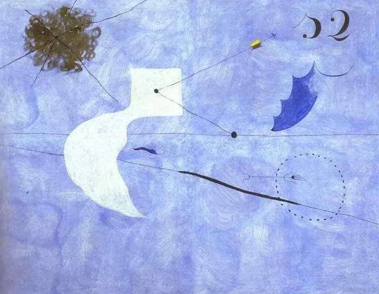 Abstract artwork with a blue background, featuring various geometric shapes, lines, and celestial symbols including crescent moons and a star, creating a surreal and whimsical composition.