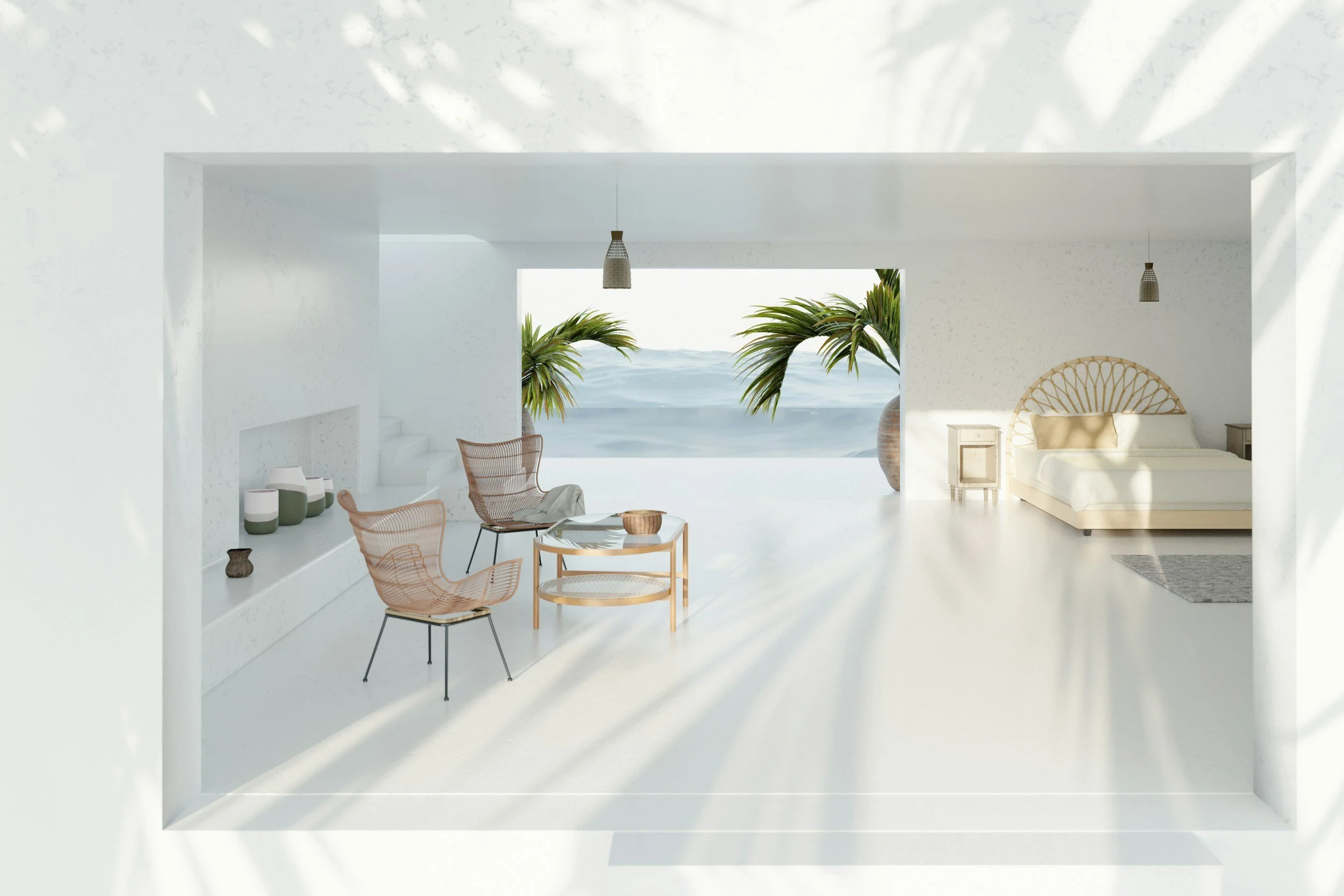 Interior of a minimalist white bedroom with large open window overlooking palm trees and the ocean, modern furniture, and natural light.