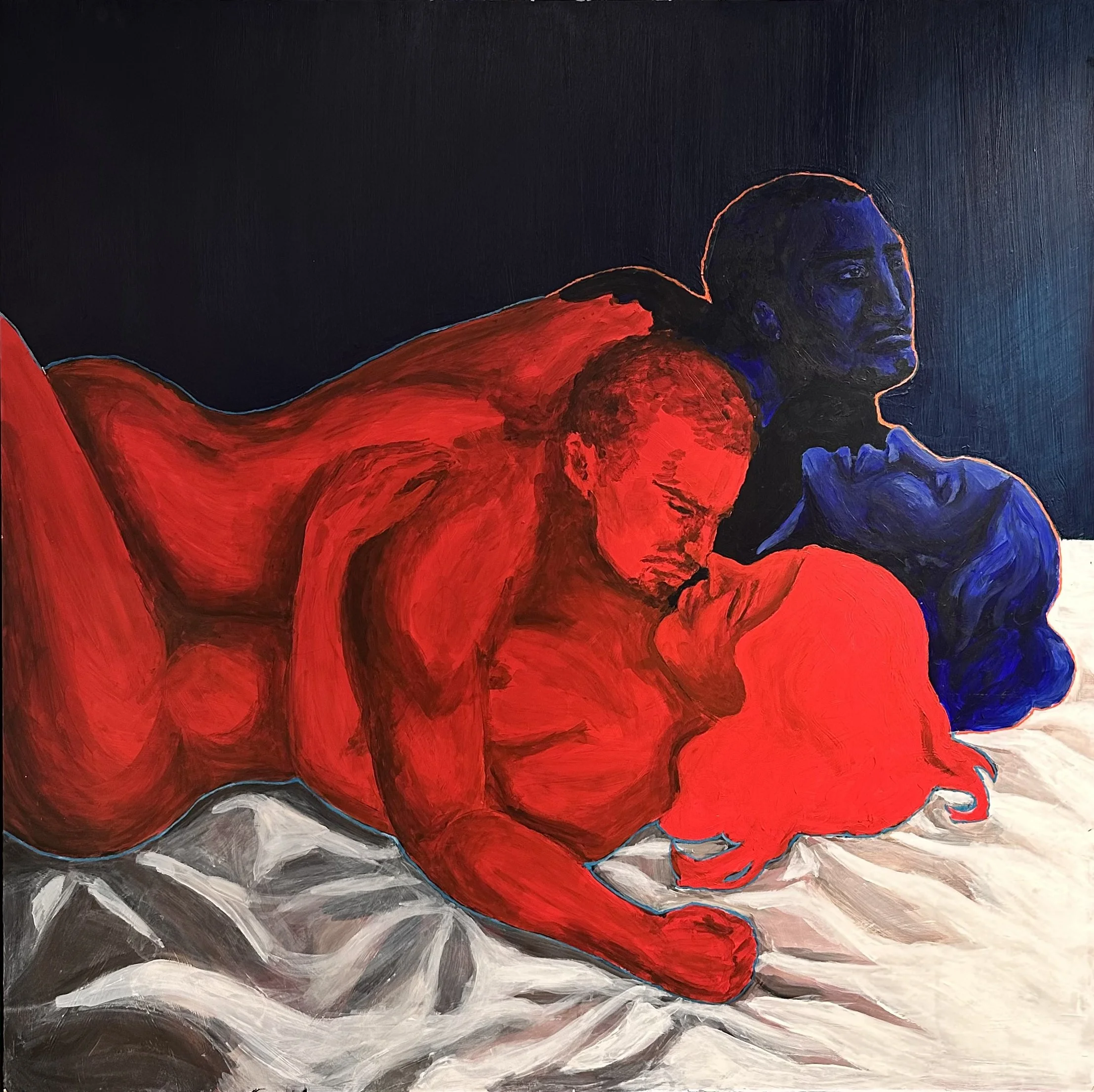 An abstract painting featuring a figure with dark skin and short hair, wearing a bright red garment, lying on a surface with white and gray colors. The background is dark, with some subtle blue hues visible.