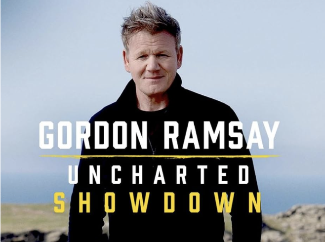 Gordon Ramsay standing outdoors with a cloudy sky in the background, promoting his show 'Uncharted Showdown'.