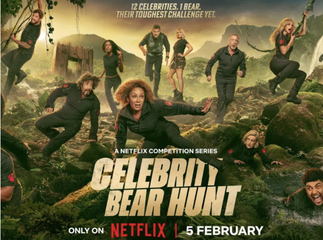 Promotional poster for Netflix's series "Celebrity Bear Hunt" featuring 12 celebrities navigating a jungle terrain, with some climbing trees, standing, or crawling through rocks and foliage. The tagline reads, "12 celebrities, 1 bear. Their toughest challenge yet." The show premieres on February 5th.