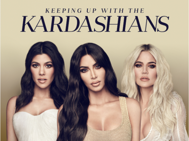 Cover of a magazine or promotional material featuring the Kardashians, with three women posing in front of a light background, and the text 'Keeping Up with the Kardashians' at the top.