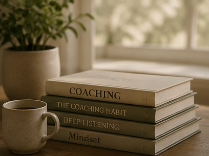 Stack of four coaching books next to a coffee mug on a wooden surface, with a plant and window in the background.